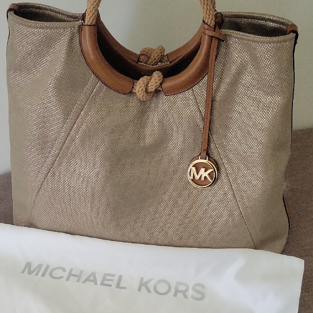 Michael Kors Metallic Taupe Tote with Tan Leather Trim